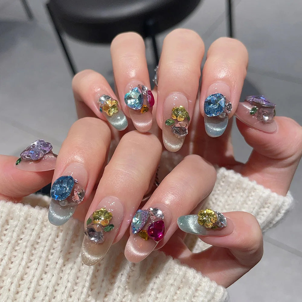 Faux ongles à pression Ovale Moyen Multicolore Candy Party Festif - Faits main (Lot de 10)