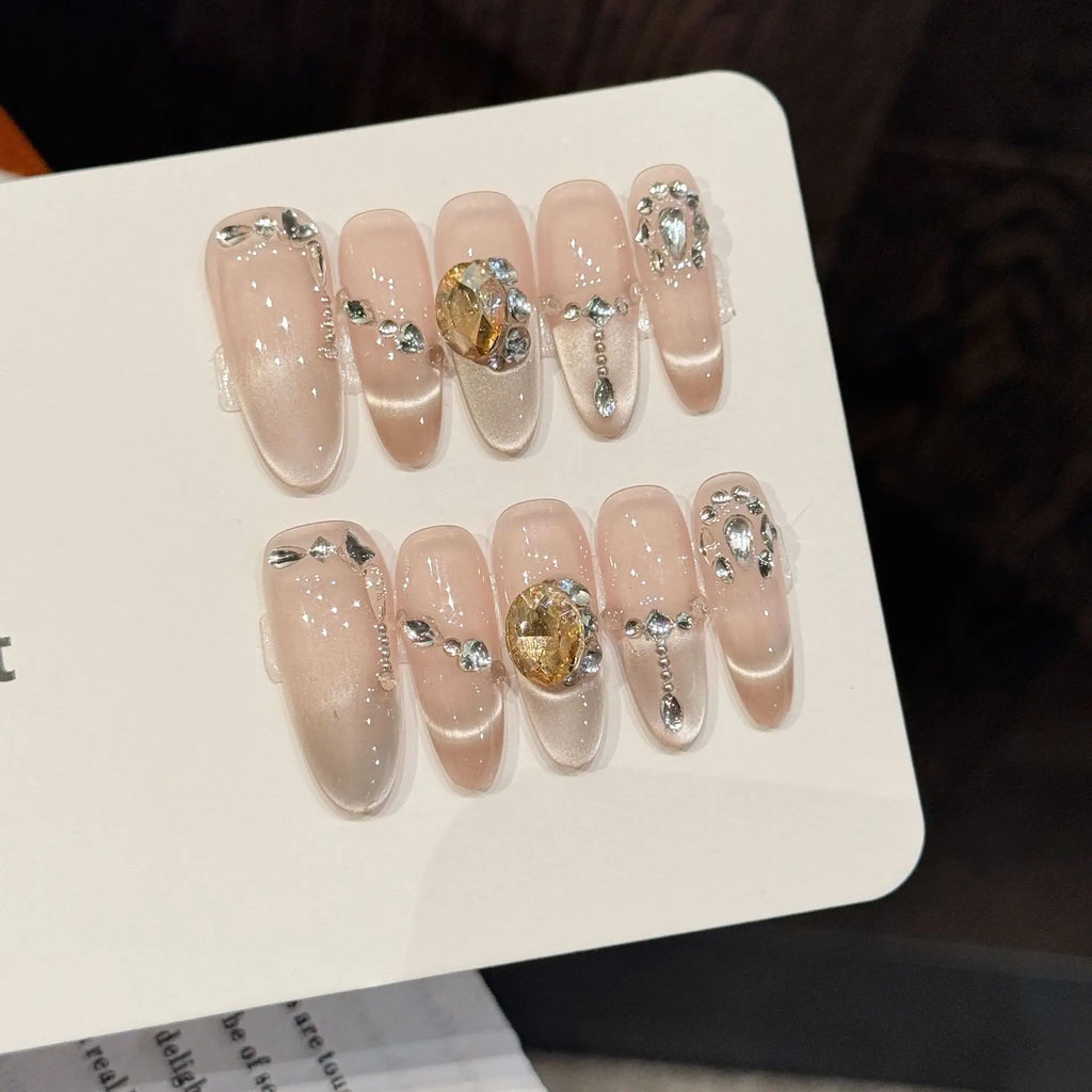 Faux ongles à pression Ovale Long Beige Rosé Strass Dorés - Faits main (Lot de 10)