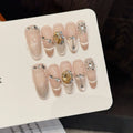 Faux ongles à pression Ovale Long Beige Rosé Strass Dorés - Faits main (Lot de 10)