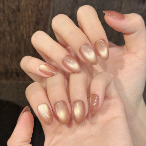 Faux ongles à pression Amande Court Bleu Océan Aurora Effet Miroir - Faits main (Lot de 10)