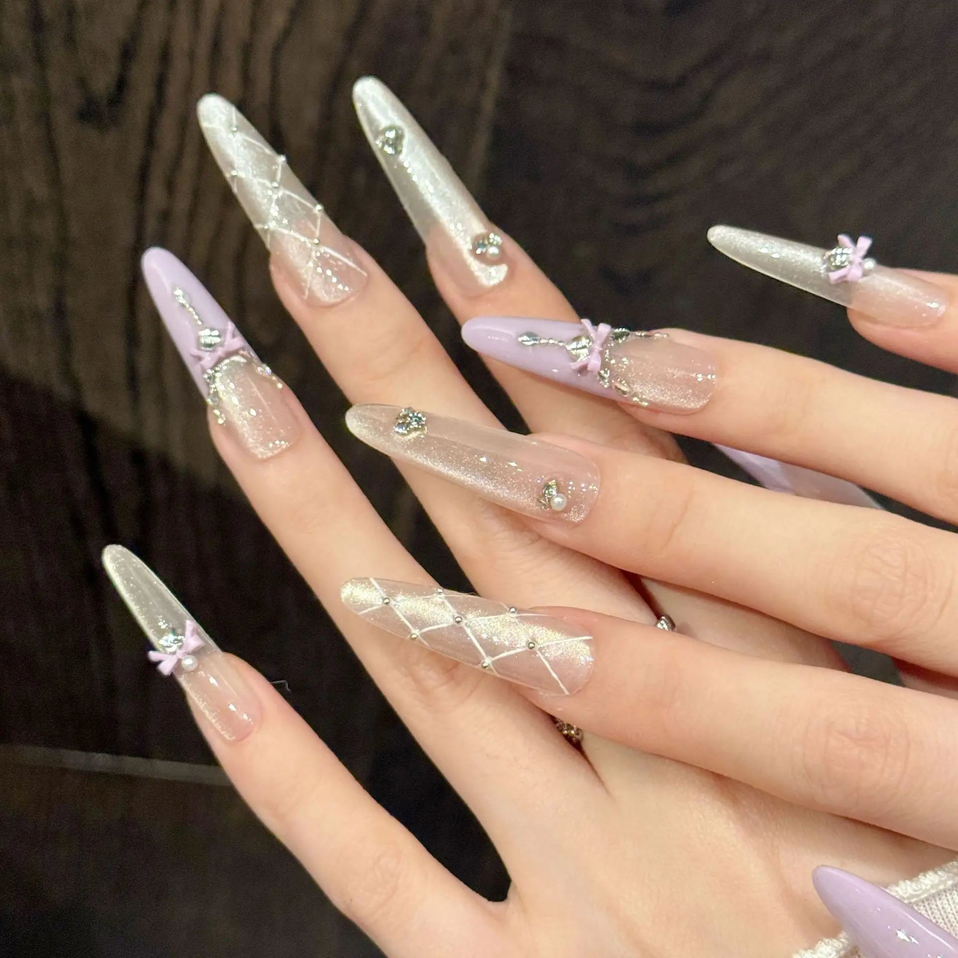 Faux ongles à pression Stiletto Long Rose Violet Nœud Romantique - Faits main (Lot de 10)