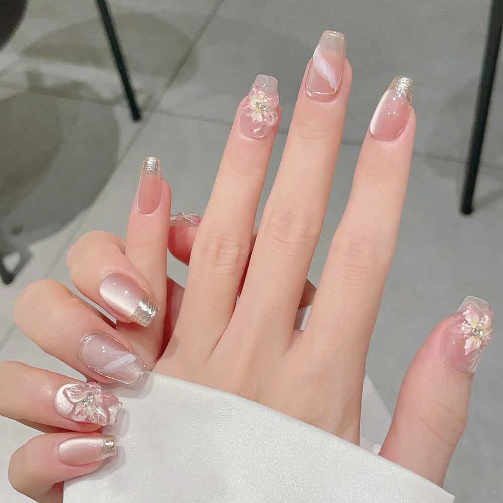 Faux ongles à pression Rose Nacré Fleur Transparente Strass - Ballerine – Faits main (Lot de 10)