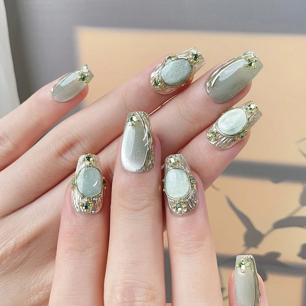 Faux ongles à pression Jade Vert Doré – Ballerine - Faits main (Lot de 10)
