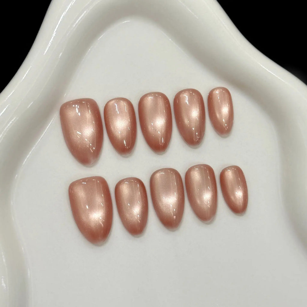 Faux ongles à pression Amande Court Bleu Océan Aurora Effet Miroir - Faits main (Lot de 10)