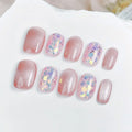 Faux ongles à pression Carrés - Rose Pailleté Holographique – Faits main (Lot de 10)