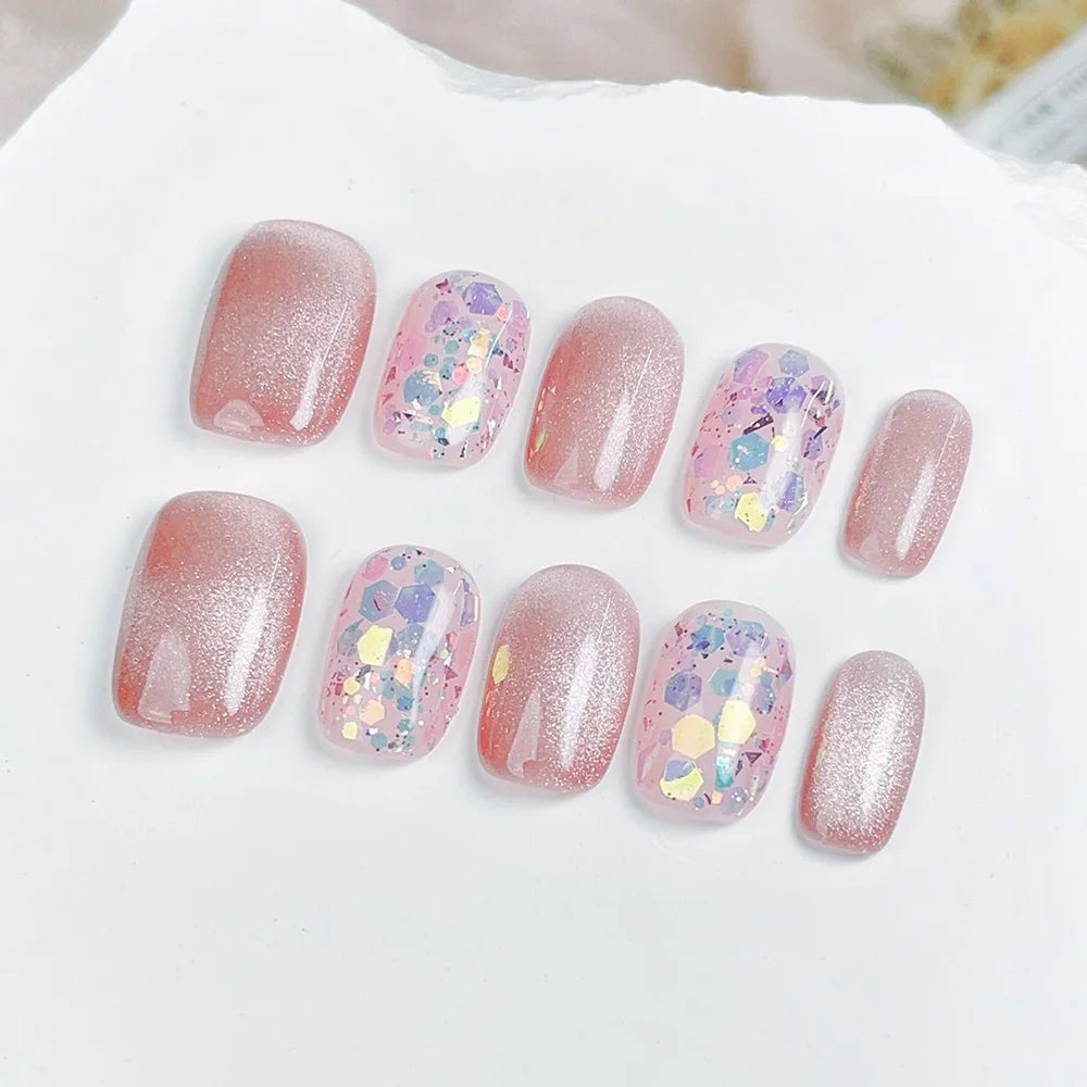 Faux ongles à pression Carrés - Rose Pailleté Holographique – Faits main (Lot de 10)