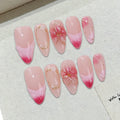 Faux ongles à pression en Amande Rose Fleur Dorée Strass – Faits main (Lot de 10)