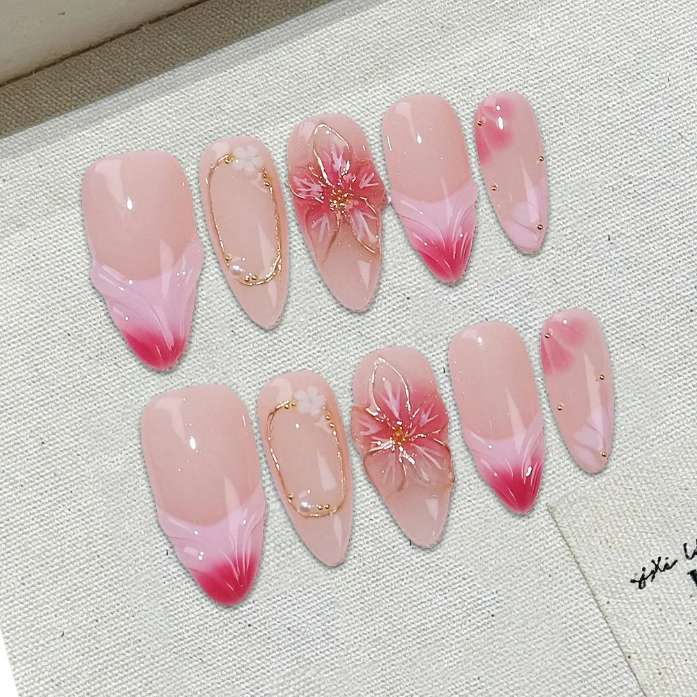 Faux ongles à pression en Amande Rose Fleur Dorée Strass – Faits main (Lot de 10)