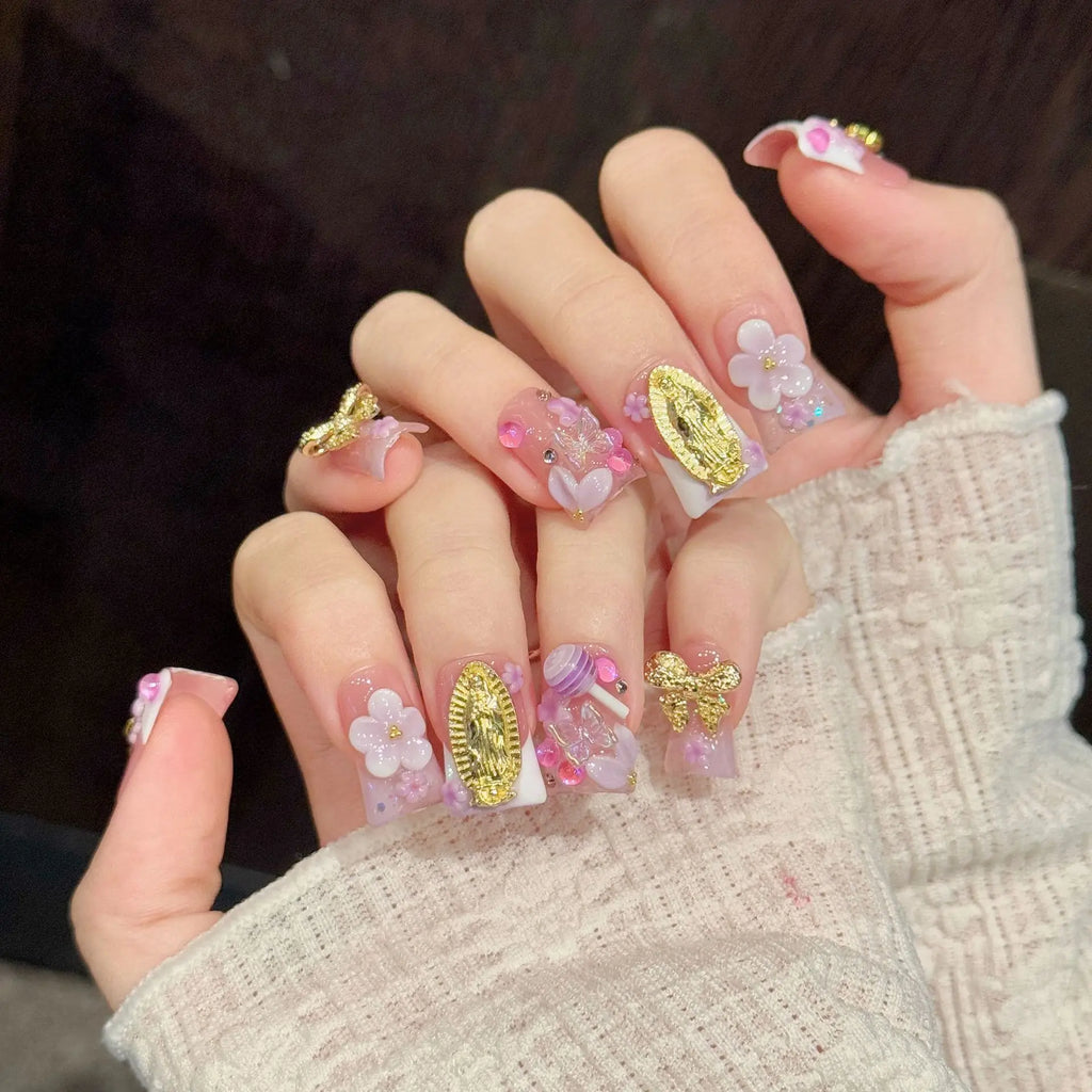 Faux ongles à pression Duck Moyen Duckbill Luxe Léger Sculpté 3D Diamant Doré - Faits main (Lot de 10)