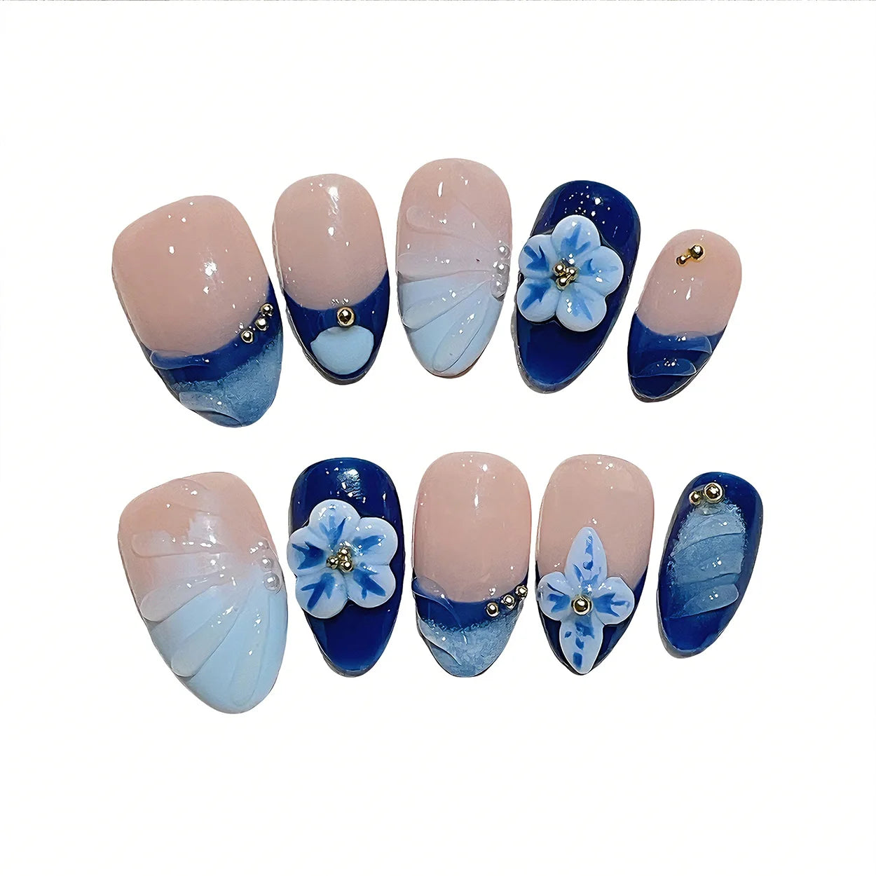 Faux ongles à pression Amande Moyen Nude Vintage Fleurs Sculptées Ruban - Faits main (Lot de 10)