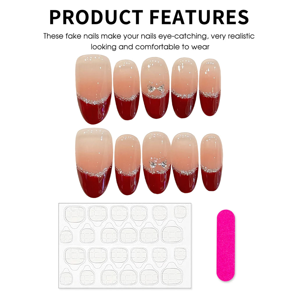 Faux ongles à pression Ovale Court Rouge French Argentée Nœud - Faits main (Lot de 10)
