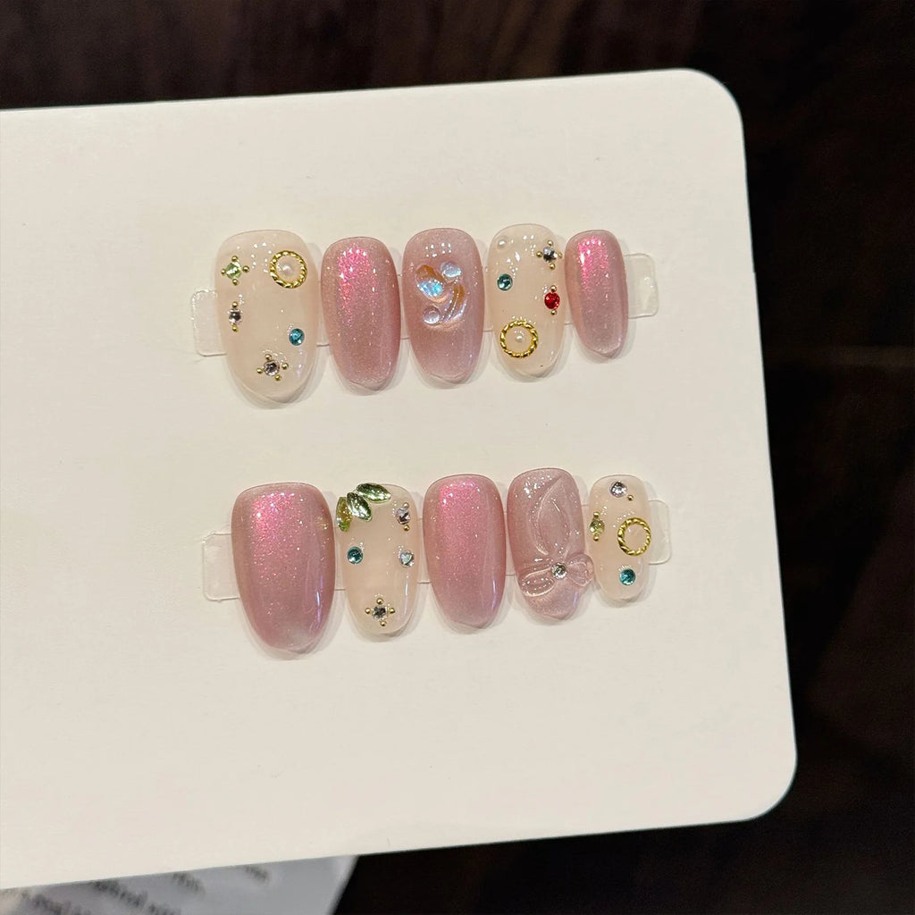 Faux ongles à pression Ovale Court Rose Diamants Lumineux - Faits main (Lot de 10)