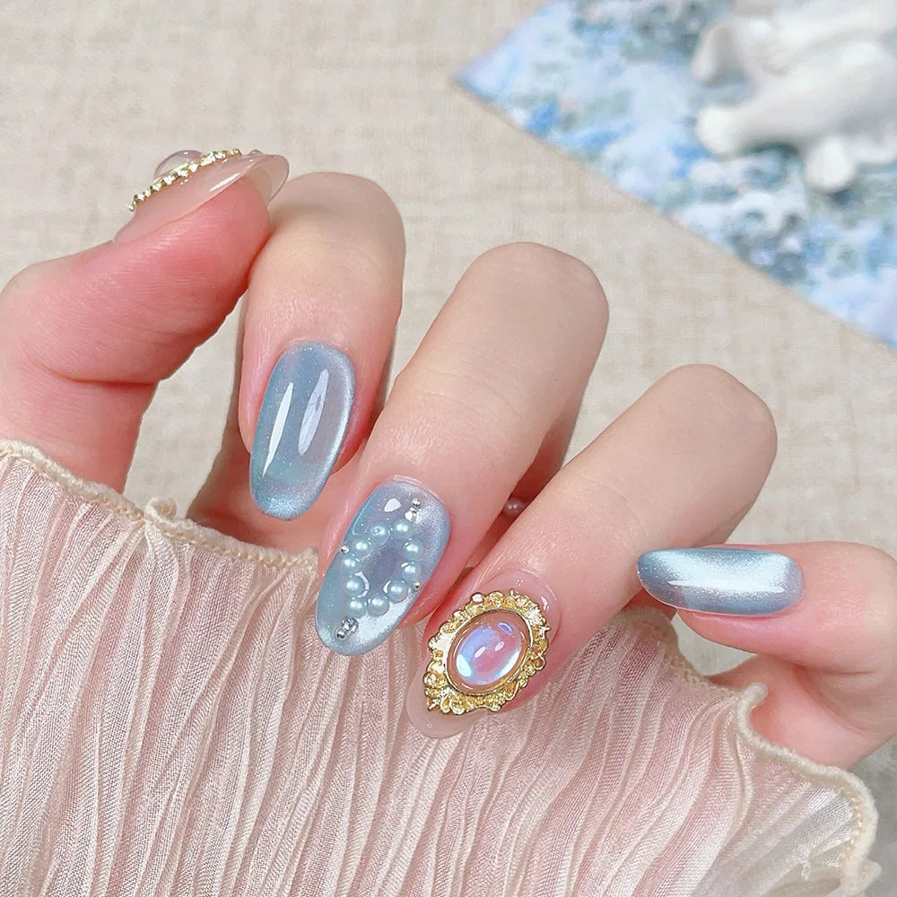 Faux ongles à pression Ovale Court Bleu Cadet Doré Clair de Lune Royal - Faits main (Lot de 10)