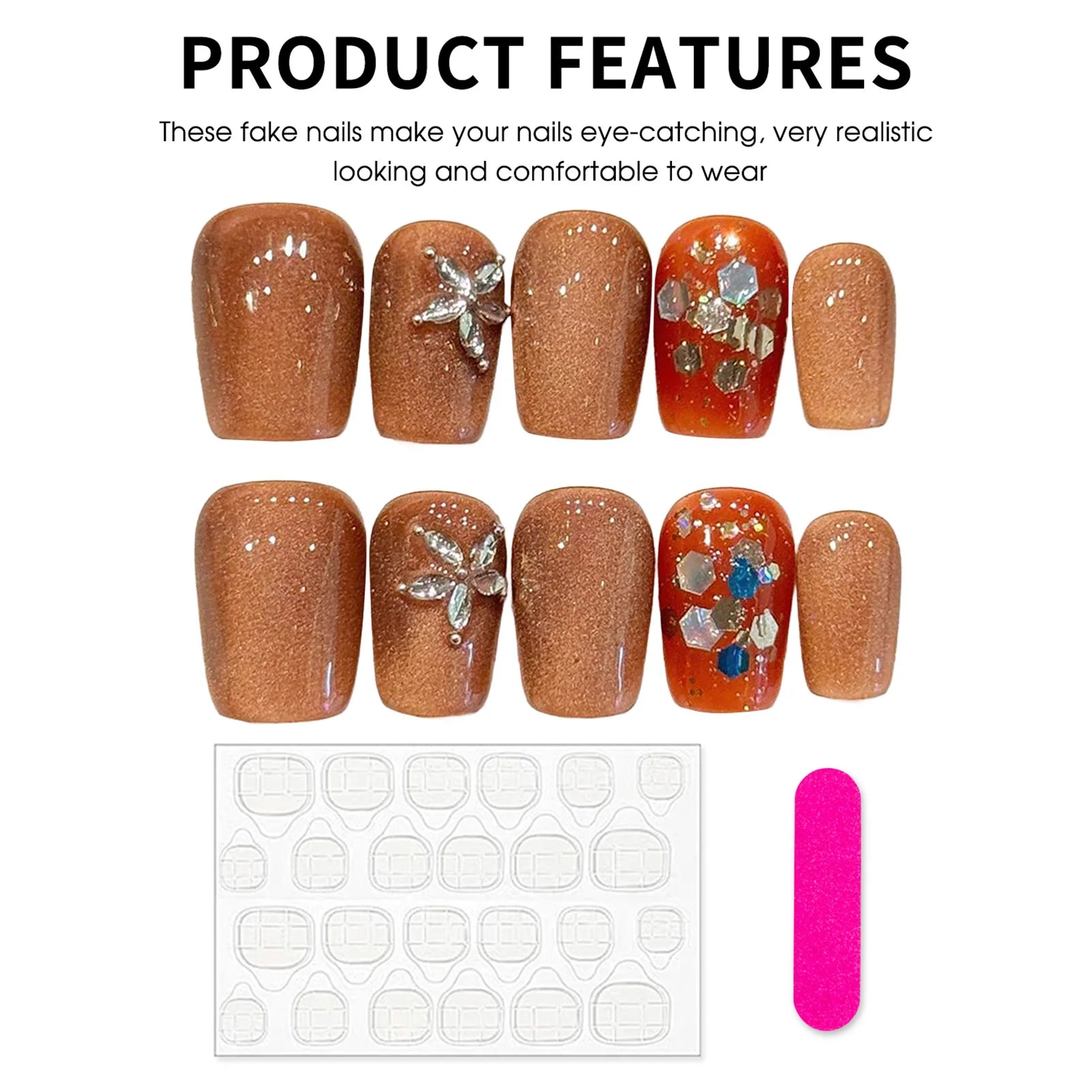 Faux ongles à pression Coffin Court Marron Effet Miroir Fleurs - Faits main (Lot de 10)