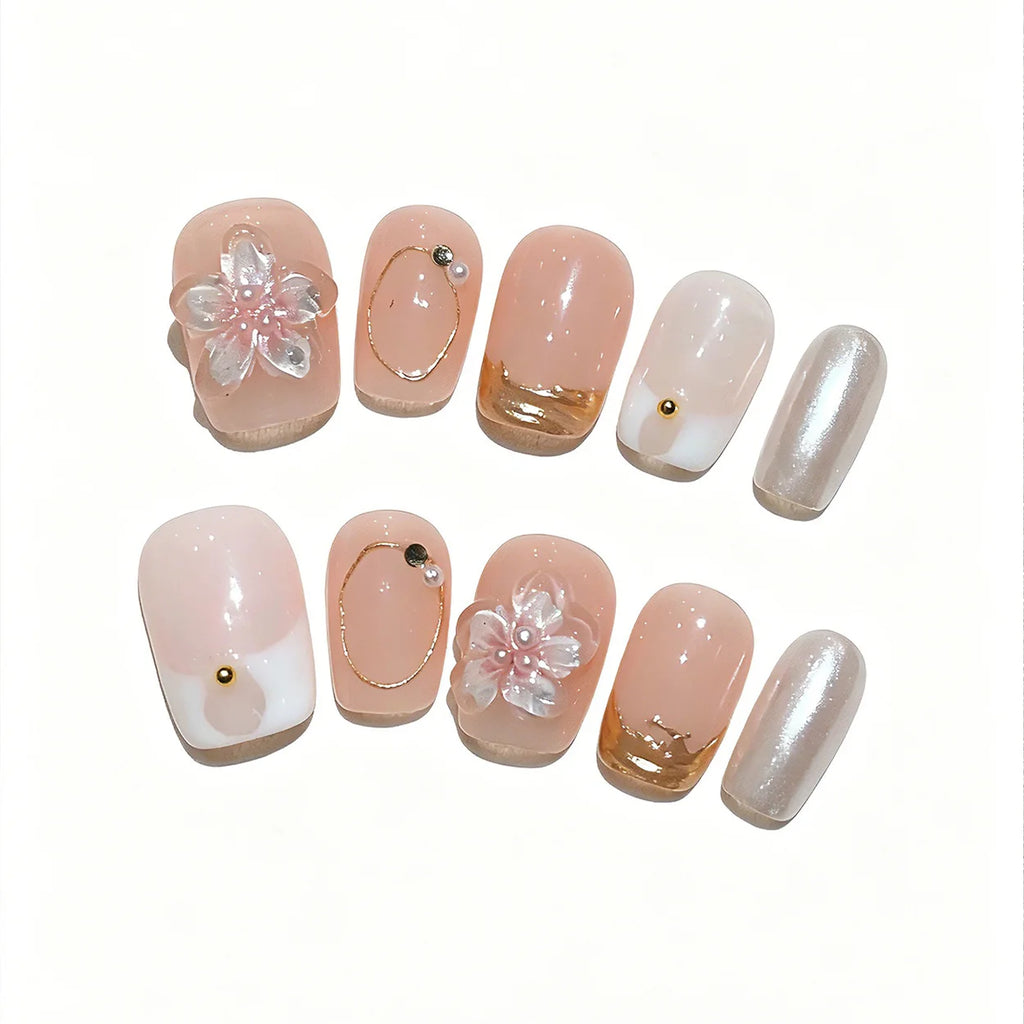 Faux ongles à pression Carré Arrondi Court Nude Rosé Fleur Transparente Dorée – Faits main (Lot de 10)