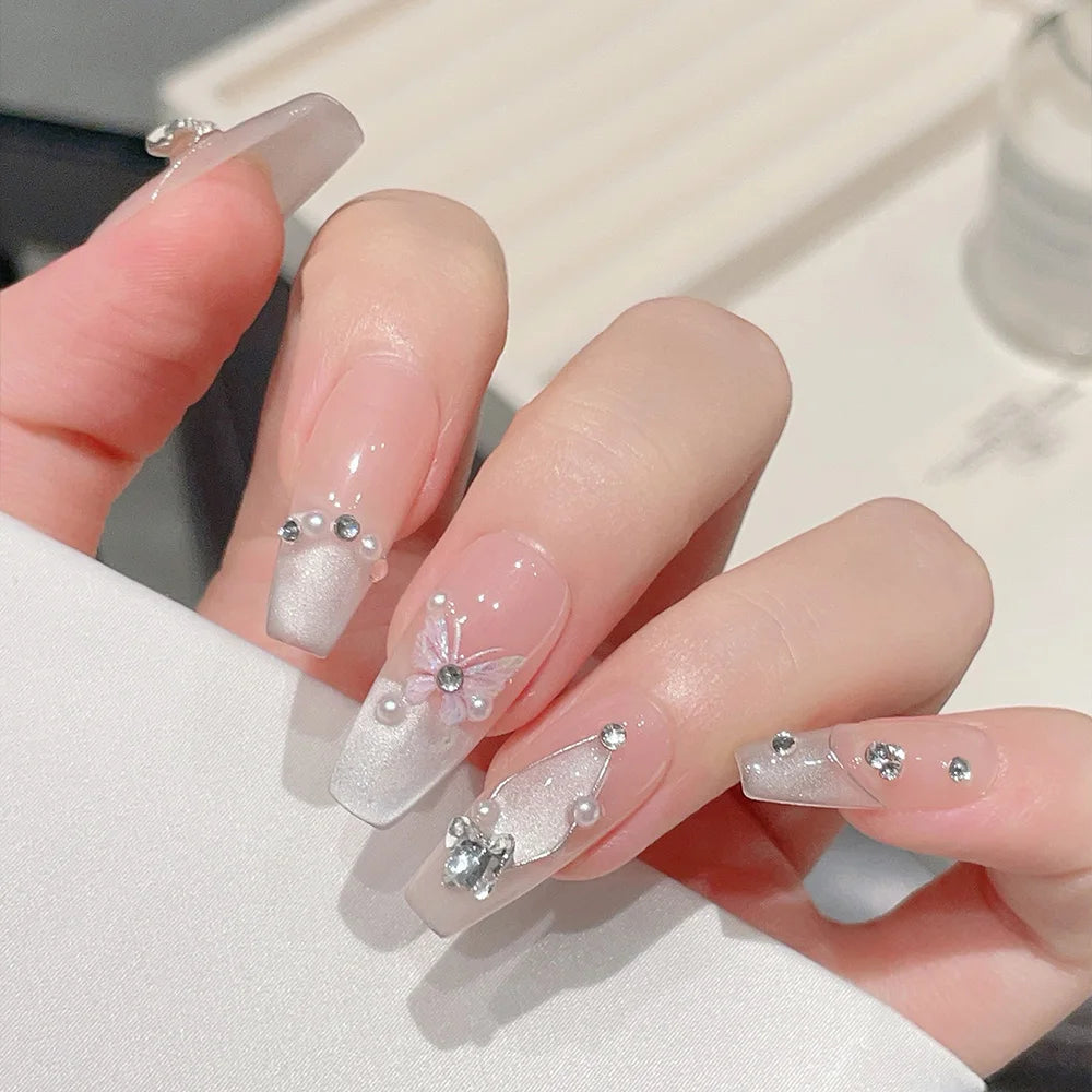 Faux ongles à pression Ballerine Long Rose Doux Papillon Argenté Délicat - Faits main (Lot de 10)
