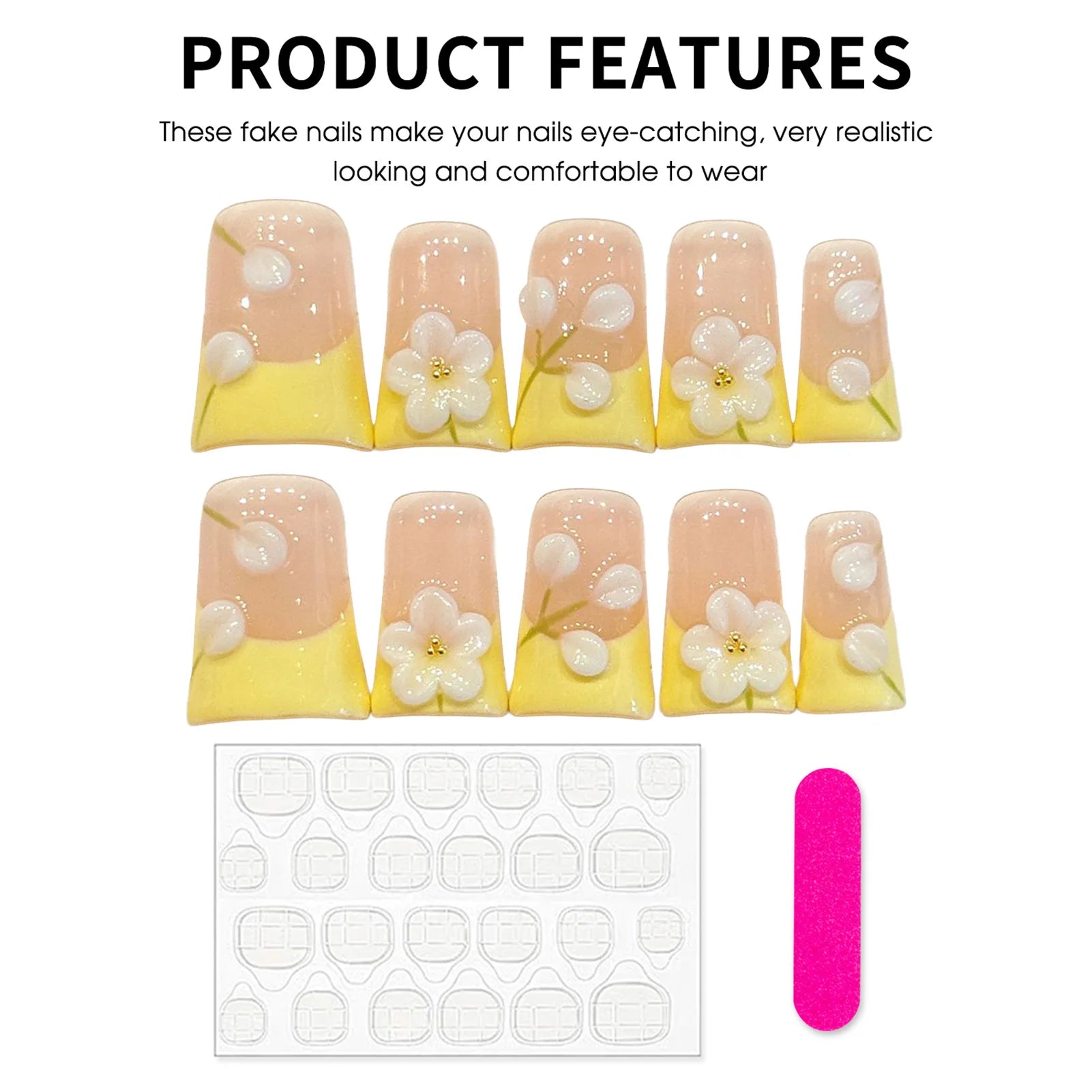 Faux ongles à pression Duck Beige Rosé French Fleur Blanche - Faits main (Lot de 10)