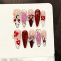 Faux ongles à pression Stiletto Long Fleurs Sculptées Effet Miroir - Faits main (Lot de 10)