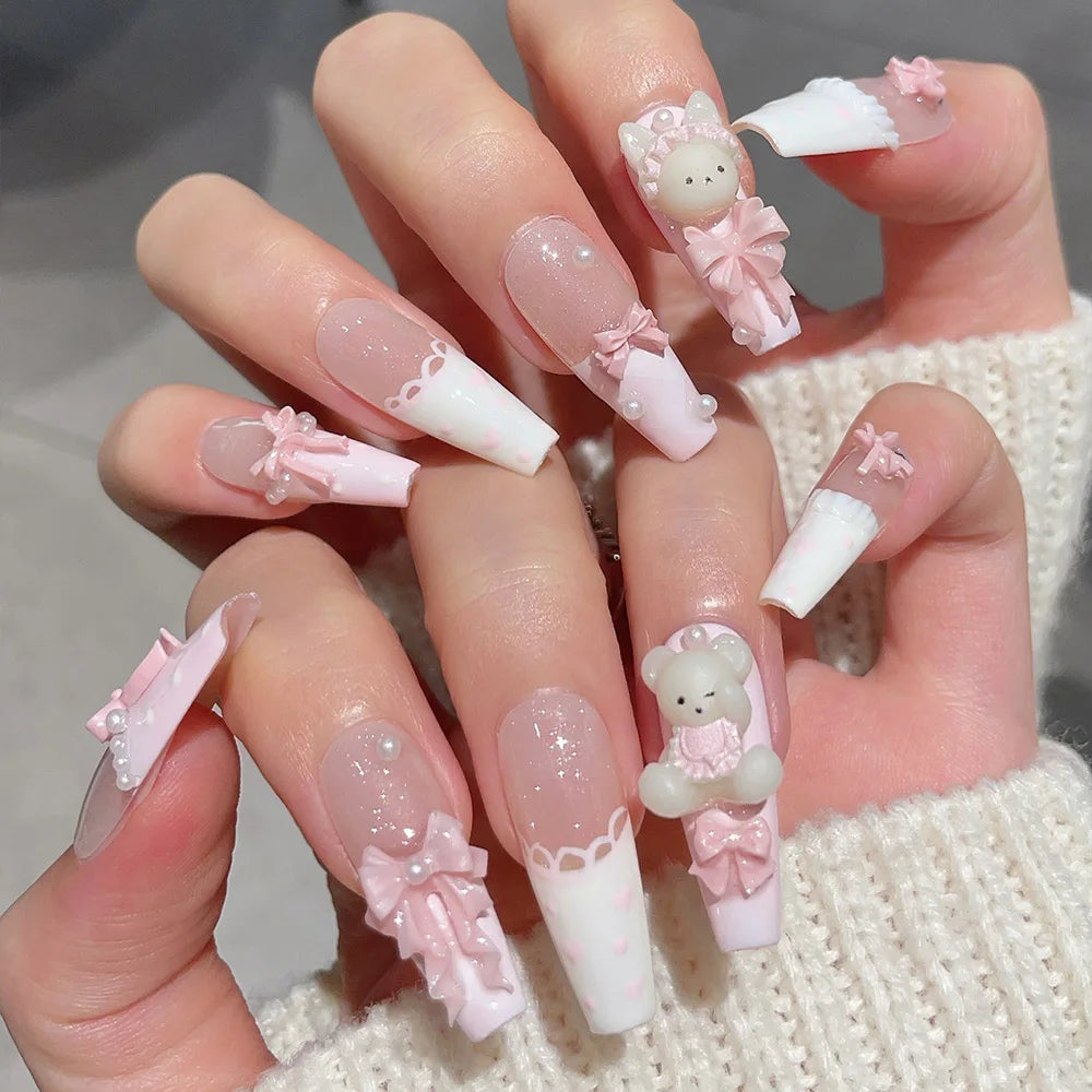 Faux ongles à pression Blanc Rose Ourson Nœud – Ballerine - Faits main (Lot de 10)