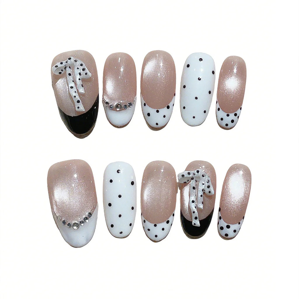 Faux ongles à pression en Amande - Nude French Pois Nœud Strass – Faits main (Lot de 10)