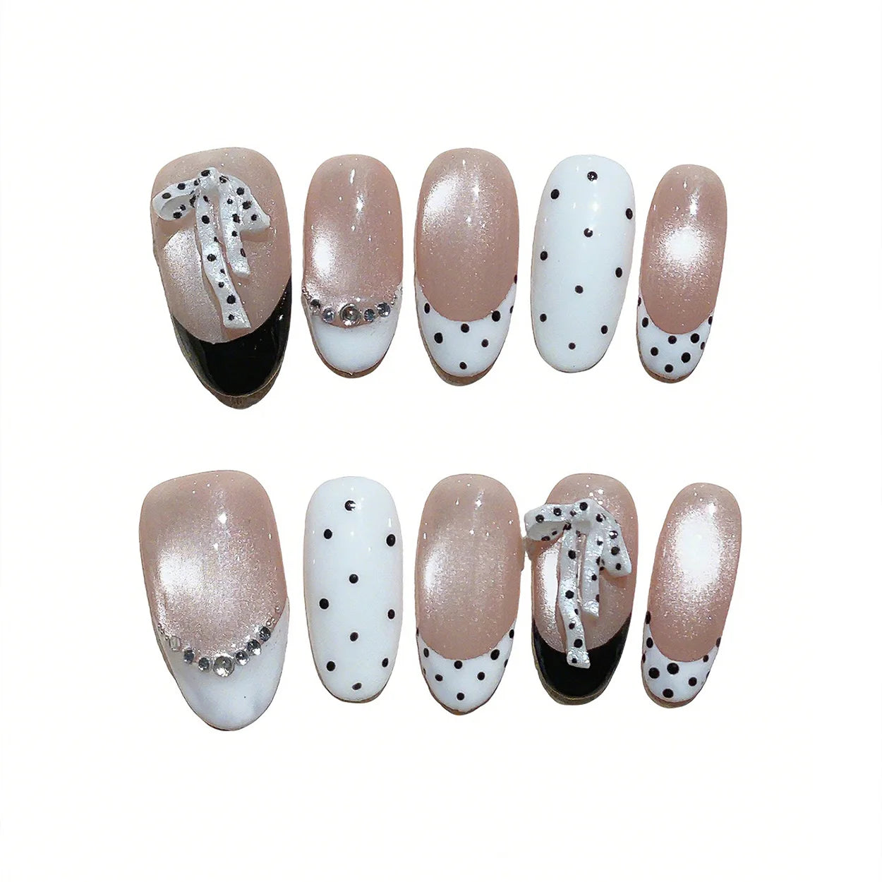 Faux ongles à pression en Amande - Nude French Pois Nœud Strass – Faits main (Lot de 10)