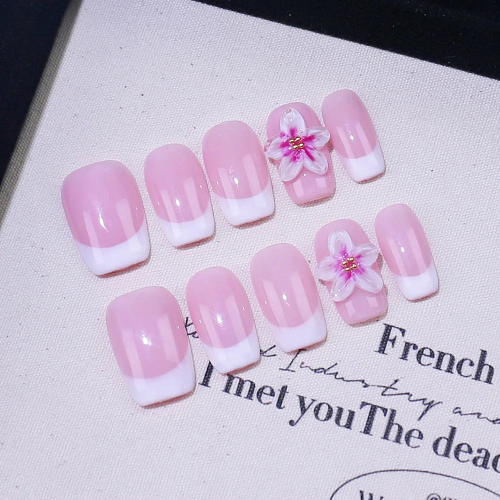 Faux ongles à pression Carré Arrondi Moyen French Rose Fleur Fuchsia – Faits main (Lot de 10)