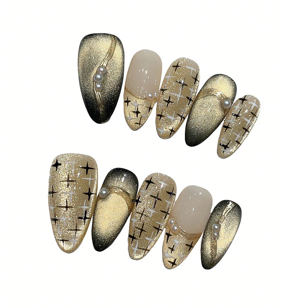 Faux ongles à pression Amande Long Doré Dégradé Ourlet Glamour - Faits main (Lot de 10)
