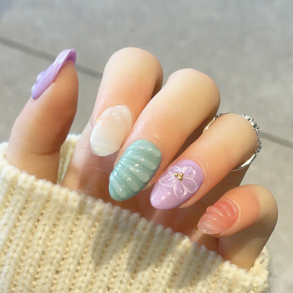 Faux ongles à pression Multicolore Fleurs Pastel – Amande - Faits main (Lot de 10)