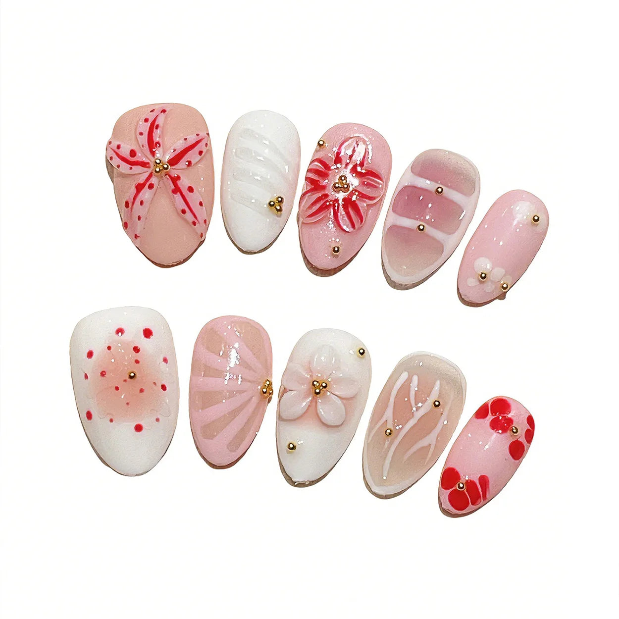 Faux ongles à pression Amande Moyen Rose Blanc Fleur Rouge Nœud Doré – Faits main (Lot de 10)