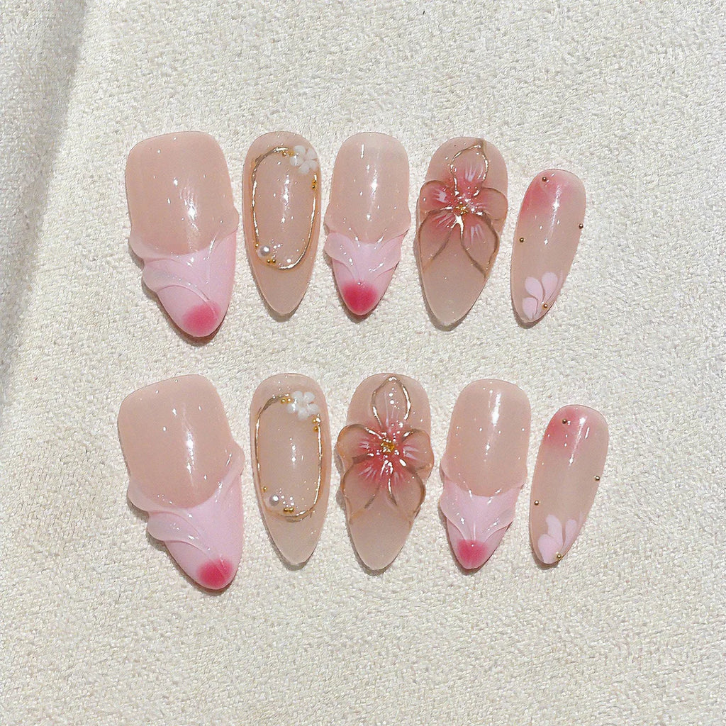 Faux ongles à pression en Amande Rose Fleur Dorée Strass – Faits main (Lot de 10)