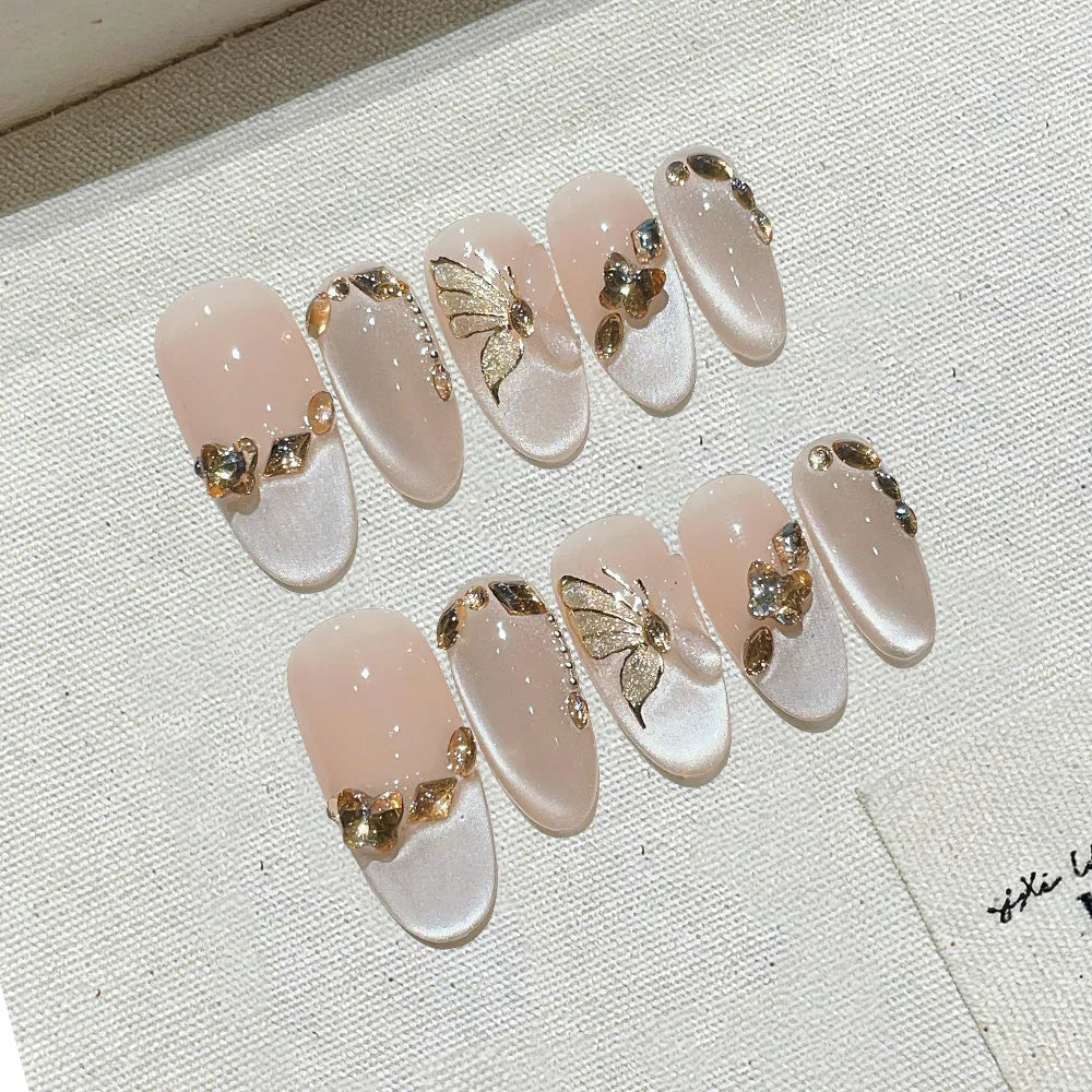 Faux ongles à pression Ovale Moyen Nude Doré Papillon Brillant Noble - Faits main (Lot de 10)