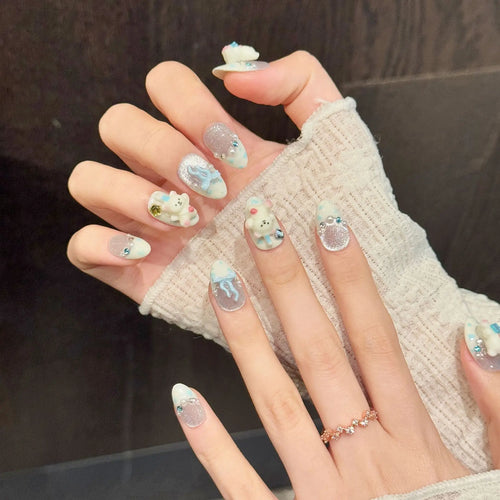 Faux ongles à pression Amande Moyen Lait Arc-en-ciel Oursons 3D Pois Girly - Faits main (Lot de 10)