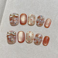 Faux ongles à pression Ovales Corail Doré Tweed Perle Nœud – Faits main (Lot de 10)
