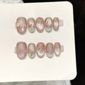 Faux ongles à pression Ovale Moyen Sakura Rose Pastel Illusion Florale - Faits main (Lot de 10)
