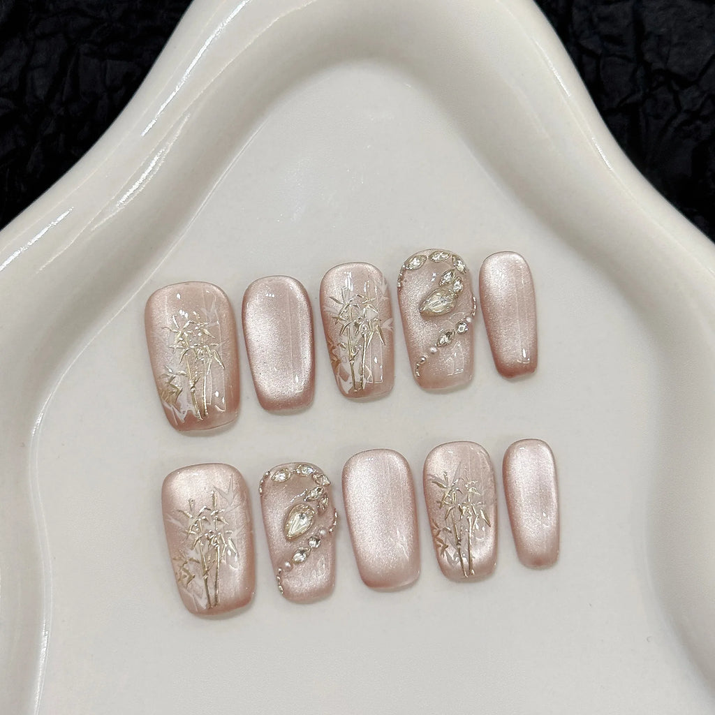 Faux ongles à pression Carré Moyen Beige New Chinese Œil de Chat Serpent Bambou - Faits main (Lot de 10)