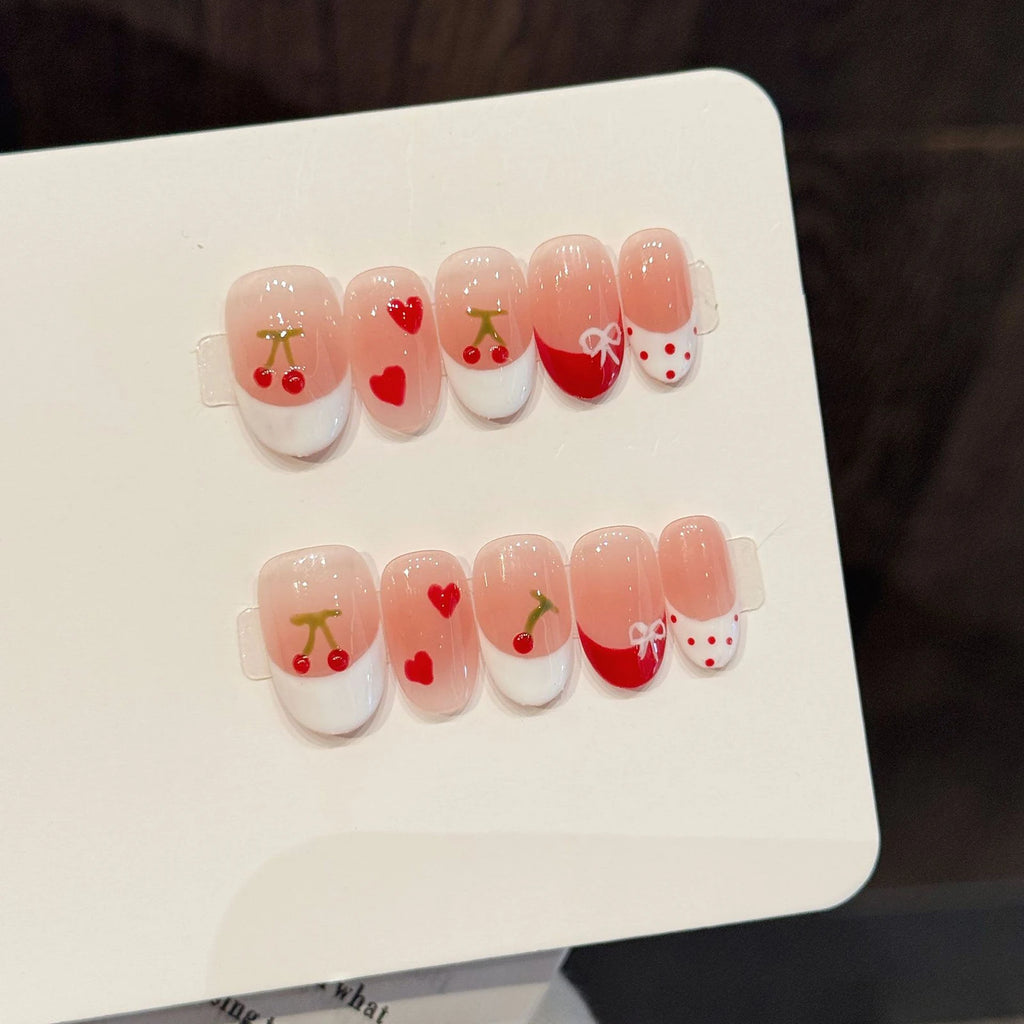 Faux ongles à pression Ovale Court Rose Cerises Fraîches - Faits main (Lot de 10)