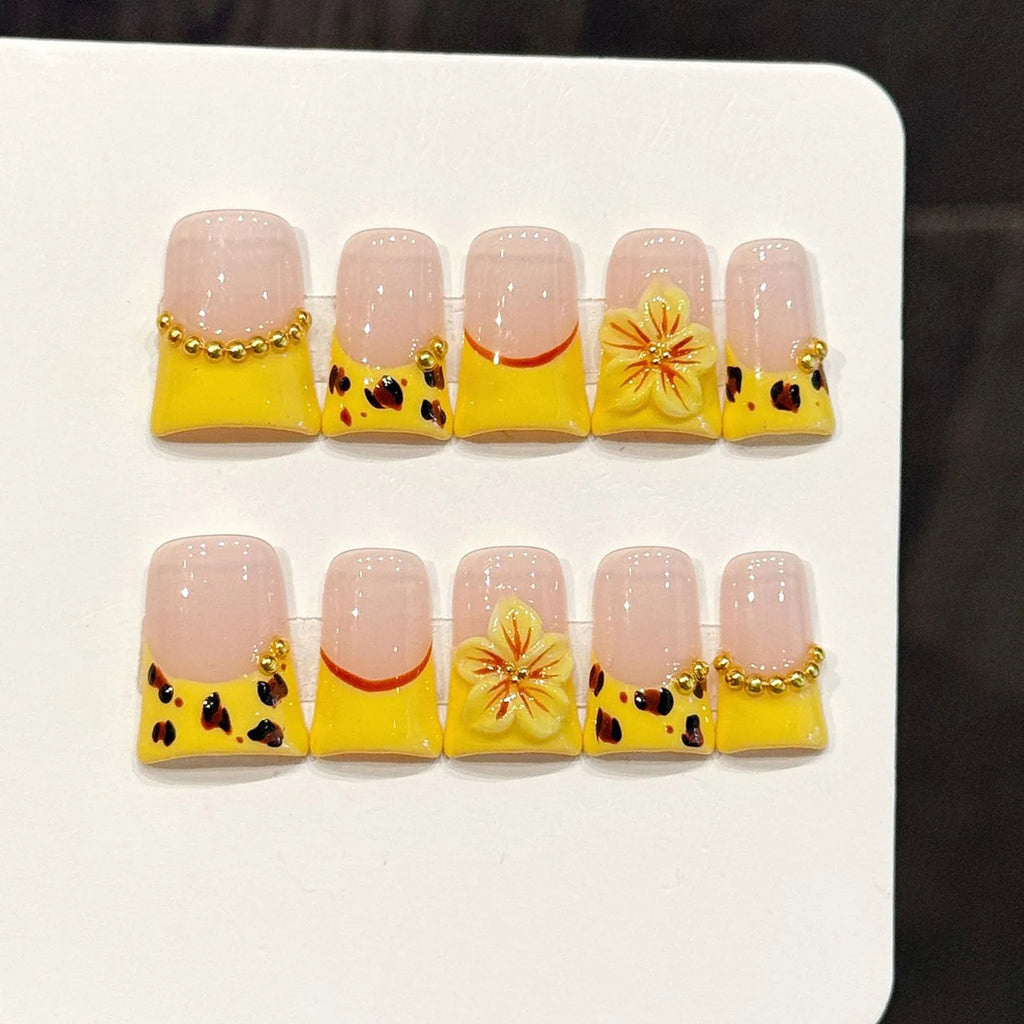 Faux ongles à pression Duck Jaune French Fleurs de Sakura - Faits main (Lot de 10)