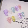 Faux ongles à pression Multicolore Fleurs Pastel – Amande - Faits main (Lot de 10)