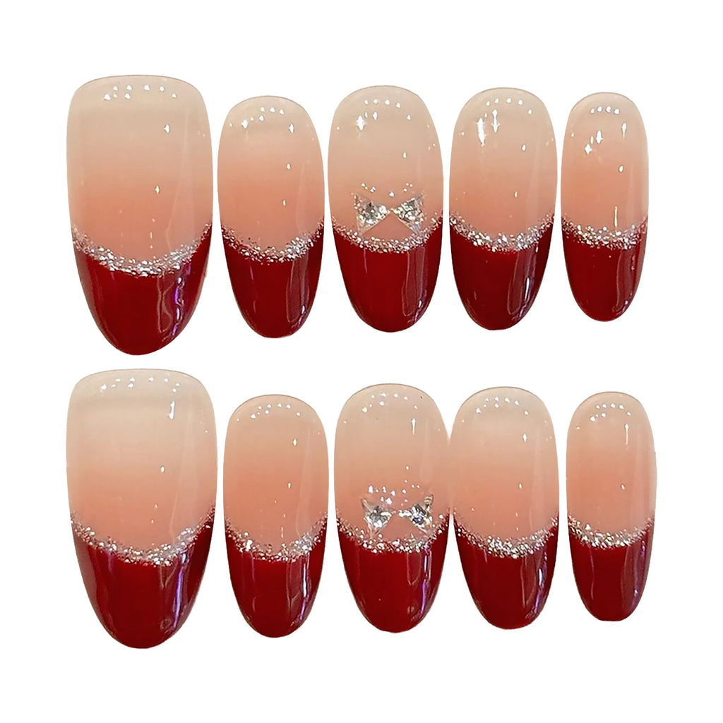 Faux ongles à pression Ovale Court Rouge French Argentée Nœud - Faits main (Lot de 10)