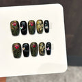 Faux ongles à pression Carré Moyen Noir Roses Dorées Papillons Peints - Faits main (Lot de 10)