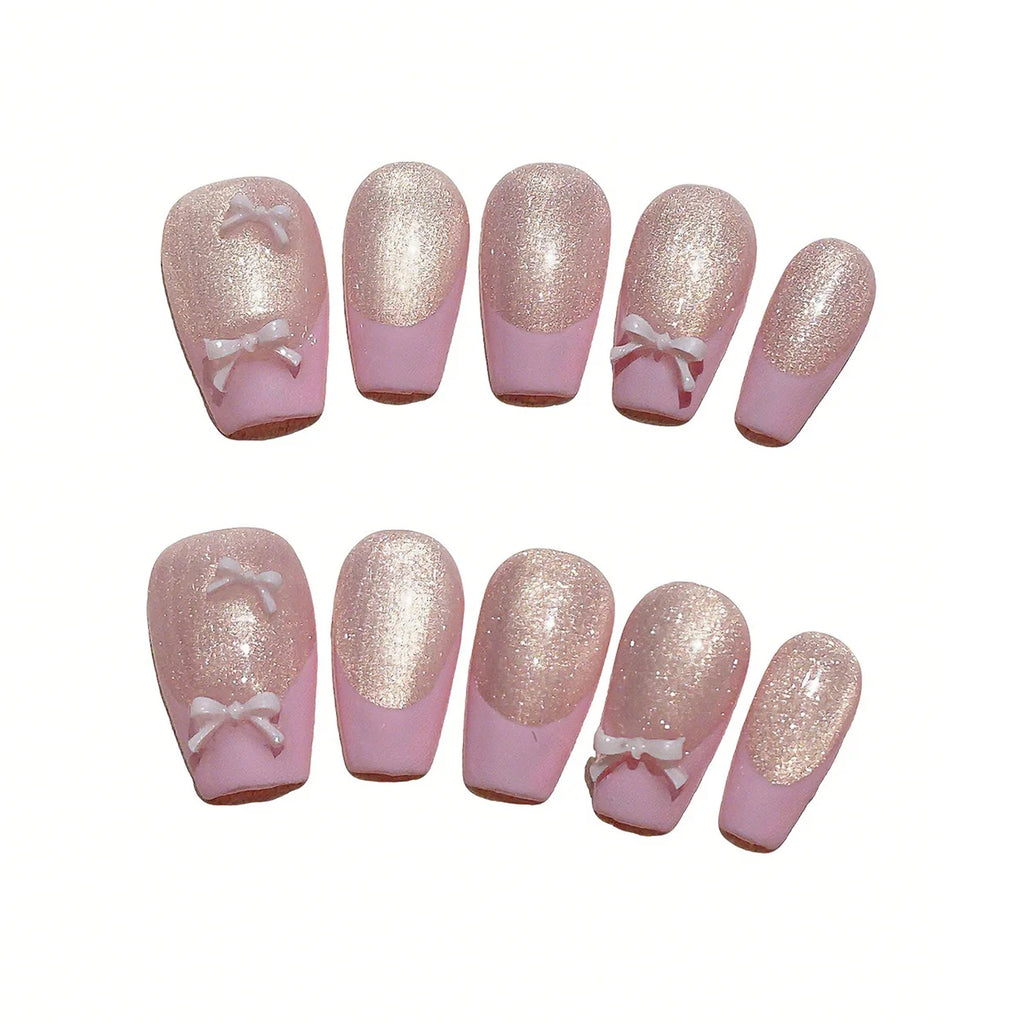 Faux ongles à pression Rose French Pailleté Nœud Blanc - Ballerine – Faits main (Lot de 10)
