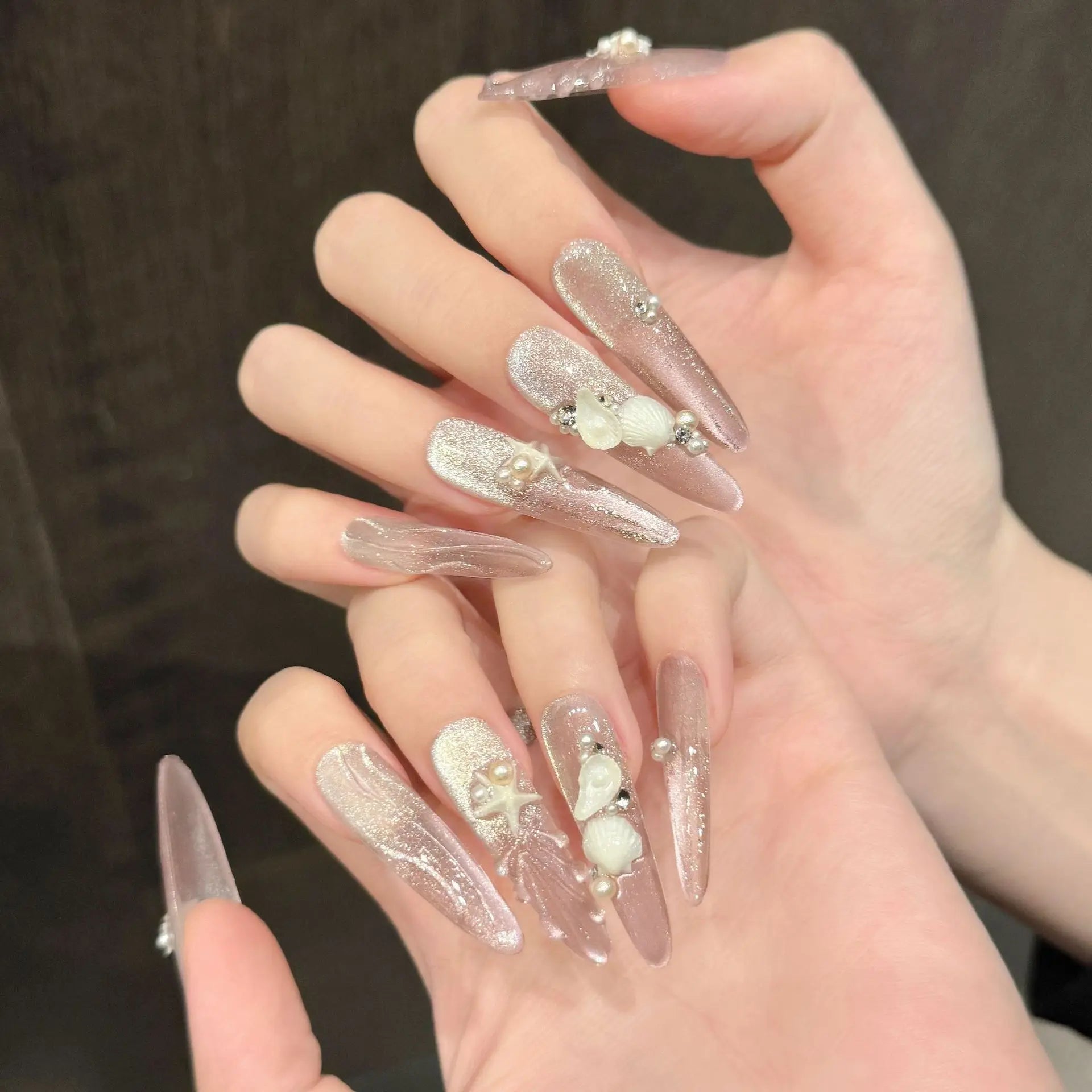 Faux ongles à pression Stiletto Long Perle Nacrée Étoile de Mer Œil de Chat - Faits main (Lot de 10)