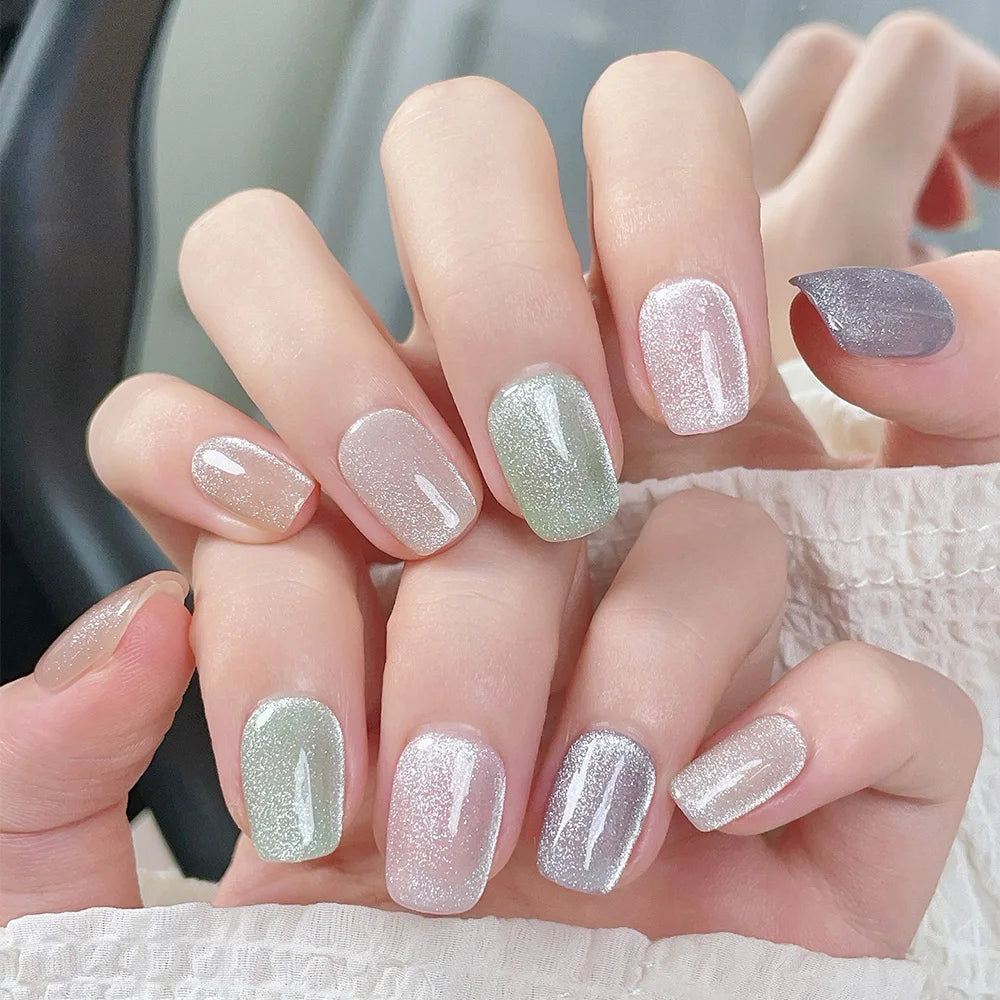 Faux ongles à pression Carré Court Pastel Pailleté Holographique – Faits main (Lot de 10)