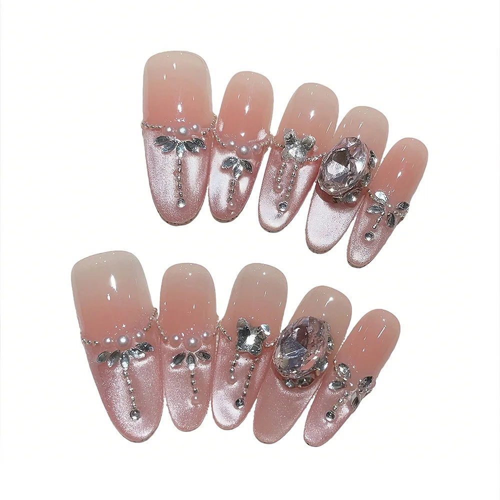 Faux ongles à pression en Amande - Rose Dégradé Strass Libellule – Faits main (Lot de 10)