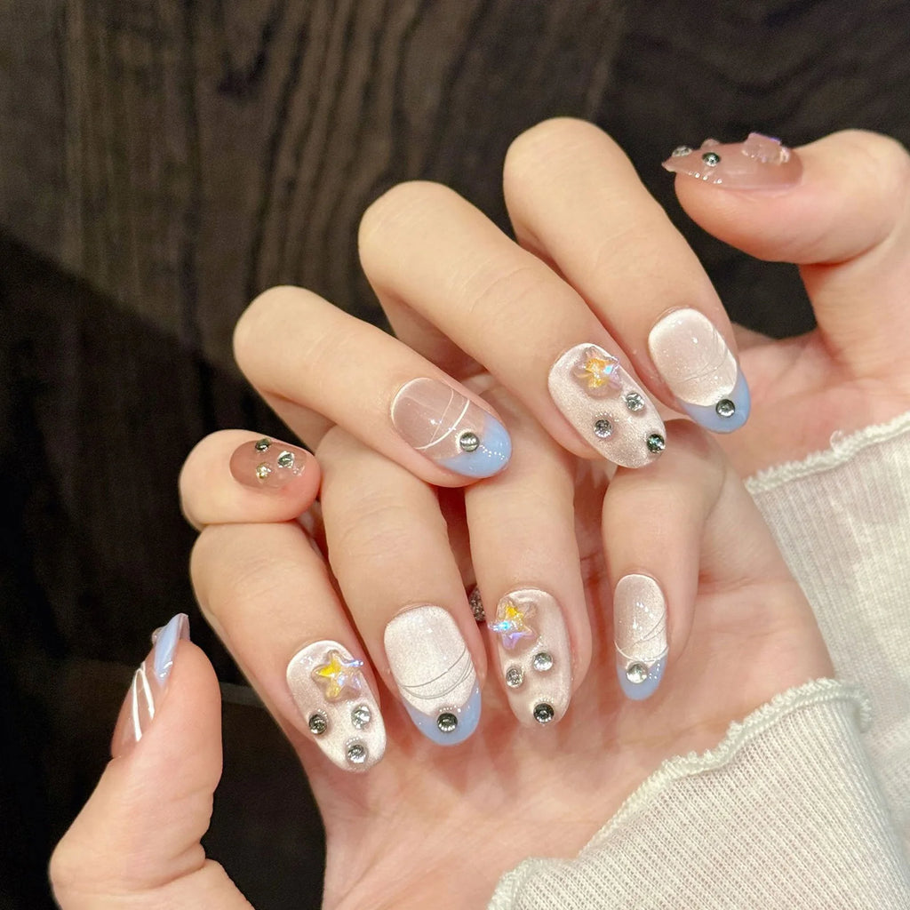 Faux ongles à pression Ovale Court Rose Aurora Étoiles Strass - Faits main (Lot de 10)