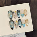 Faux ongles à pression Amande Moyen Bleu Miroir Étoiles Scintillantes - Faits main (Lot de 10)