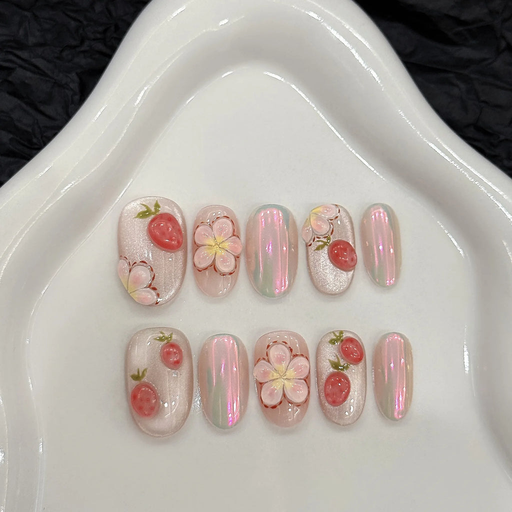 Faux ongles à pression Ovale Moyen Fraise 3D Pincée Main Fleurs Peintes - Faits main (Lot de 10)