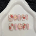 Faux ongles à pression Ovale Moyen Fraise 3D Pincée Main Fleurs Peintes - Faits main (Lot de 10)