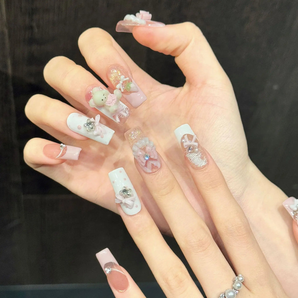 Faux ongles à pression Carré Long Rose Doré Ourson Fraise Effet Miroir - Faits main (Lot de 10)