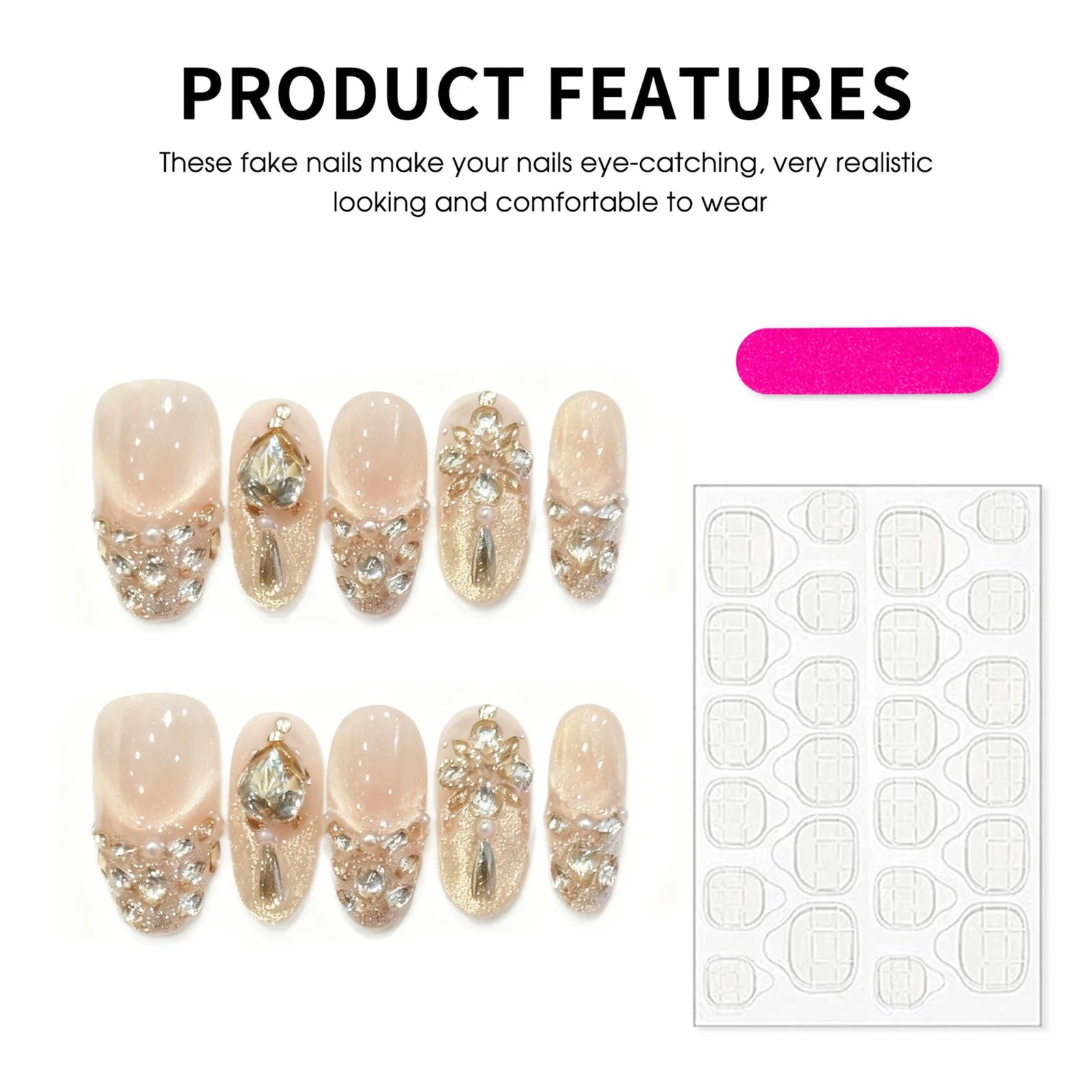 Faux ongles à pression Amande Moyen Rose Doré Strass et Cristaux Lumineux - Faits main (Lot de 10)